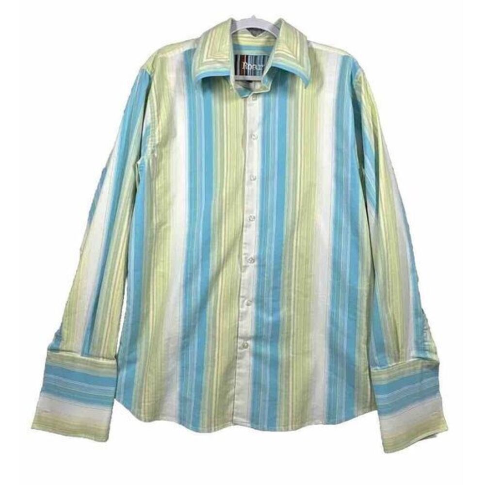 Roar Blue Green‎ White Stripe Long Sleeve Shirt Mens L /46